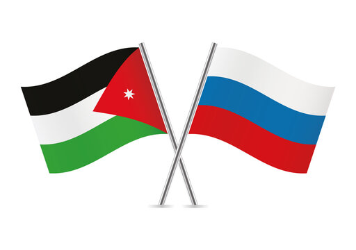 Jordan and Russia crossed flags. Jordanian and Russian flags, isolated on white background. Vector icon set. Vector illustration.