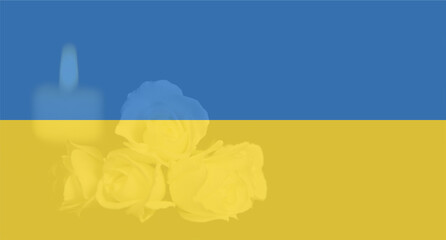 White roses with a burning candle on the Ukrainian flag background. Funeral flower and candle with copy space. Funeral symbol. Mood and Condolence card concept. Ukraine and Russia military conflict