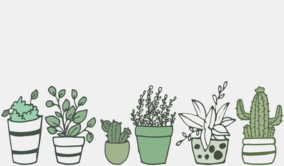 set of houseplant illustration. decorative indoor plant. vintage potted plant. hand drawn vector. nature background. doodle art for wallpaper, poster, banner, sticker, clipart, greeting card.