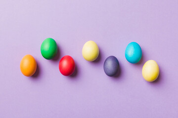 holiday preparation Multi colors Easter eggs on colored background . Pastel color Easter eggs. holiday concept with copy space