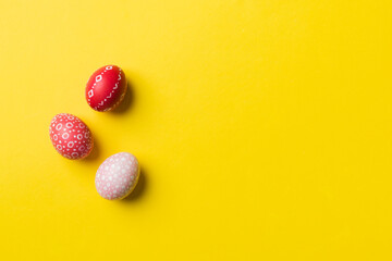 holiday preparation Multi colors Easter eggs on colored background . Pastel color Easter eggs. holiday concept with copy space