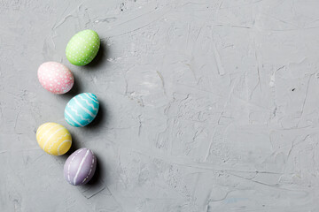 holiday preparation Multi colors Easter eggs on colored background . Pastel color Easter eggs. holiday concept with copy space