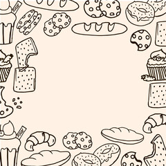 sweet bakery frame, border. hand drawn vector. donut, muffin, biscuit, cookies, croissant, baguette illustration. hand drawn vector. doodle art for wallpaper, poster, greeting and invitation card. 