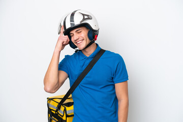 Young caucasian man with thermal backpack isolated on white background laughing