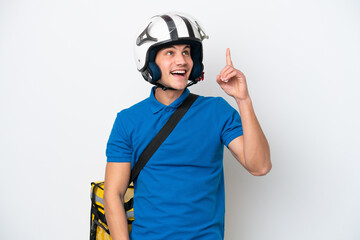 Young caucasian man with thermal backpack isolated on white background intending to realizes the solution while lifting a finger up