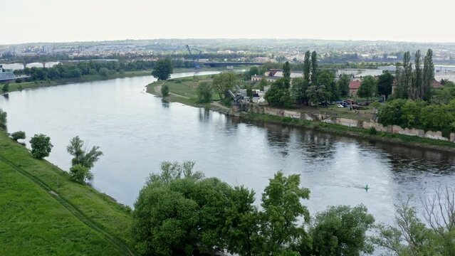 Aerial drone flight over Elbwiesen in Dresden &Uuml;bigau