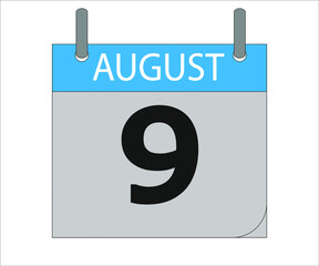 August 9th. Calendar icon. Date day of the month Sunday, Monday, Tuesday, Wednesday, Thursday, Friday, Saturday and Holidays