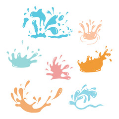 set of water splash illustration on white background. colorful water, blue, pink, orange and peach. hand drawn vector. doodle art for logo, label, sticker, clipart, advertising, poster. fresh water. 
