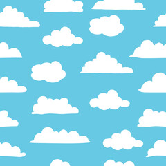 seamless pattern with white cloud illustration on blue background. hand drawn vector. bright and clean sky. doodle art for wallpaper, fabric, textile, baby clothes, backdrop, wrapping paper and gift. 