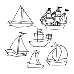set of marine vehicle icon. hand drawn vector. sailboat, yacht, boat illustration isolated on white background. doodle art for wallpaper, logo, label, sticker, clipart, advertising, coloring book. 