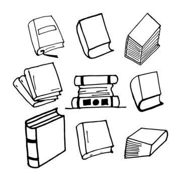 monochrome book style. set of close book icon. hand drawn vector. stack of book, thick book illustration. black and white colors. doodle art for wallpaper, logo, label, sticker, clipart, poster. 
