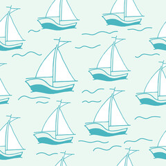 seamless pattern with sailboat illustration on blue background. hand drawn vector. marine life. doodle art for wallpaper, wrapping paper and gift, backdrop, baby clothes, fabric, textile, backdrop. 