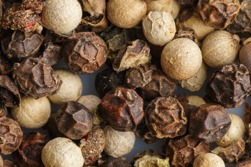 Mixed peppercorns, macro shot, top down view.