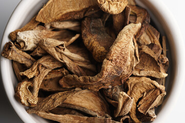 Dried mushrooms macro shot, overhead view.