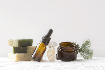 Naklejka premium Eco cosmetic products for skin care of face and body. Natural eco creamy, oil and soap with minerals, vitamins, prebiotics