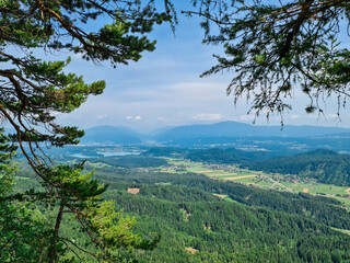 View from summit of Ferlacher Spitze on Lake Faak in the Karawanks, Carinthia, Austria. Borders between Austria, Slovenia, Italy. Rosental valley. Triglav National Park. Hiking adventure. Faakersee