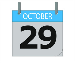 October 29th. Calendar icon. Date day of the month Sunday, Monday, Tuesday, Wednesday, Thursday, Friday, Saturday and Holidays