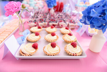 Delicious tartlets with fresh raspberries on a candy bar at a wedding party