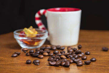 Coffee and cream service in cafe, restaurant, bar, home
Coffee beans, chocolate, candies