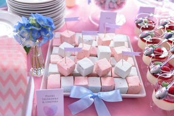 Handmade pastel marshmallows on a candy bar at a wedding party