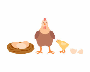 Cute brown mama chicken with yellow chick and nest with eggs. Vector illustration in flat style.