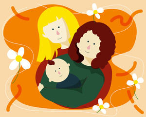 Female couples, LGBTQ lovers with a baby boy flat vector illustration background