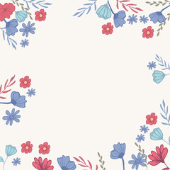 Fototapeta na wymiar beautiful flower frame, border. blooming flower with leaf illustration. hand drawn vector. pink and blue colors. doodle art for wallpaper, poster, greeting and invitation card, postcard, cover, banner