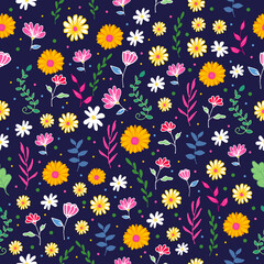 seamless pattern with flower and leaf illustration on dark blue background. colorful flowers and leaves, small shape. hand drawn vector. wallpaper, wrapping paper, fabric, textile. batik motif. 