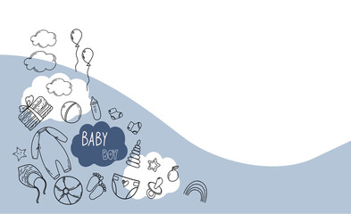 Banner hand drawn baby boy. Cartoon sketch style doodle for icon, banner. Elements little baby clothes.