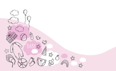 Banner hand drawn baby girl. Cartoon sketch style doodle for icon, banner. Elements little baby clothes.