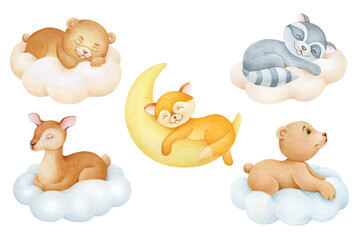 Cute dreaming cartoon animal hand drawn watercolor illustration. Sleeping charecher kids, baby shower invitation card