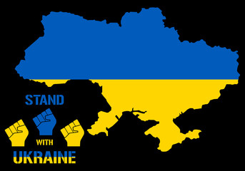 Obraz premium Stand With Ukraine slogan - raised fist . Concept save Ukraine from Russia and please stop war. Ukrainian text on the color map. Pray For Ukraine peace. Whole world praying for Ukraine. Vector hand.