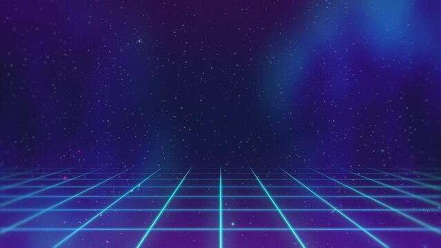 Blue galaxy with stars and grid in 80s style, motion abstract cyber, futuristic and retro style background