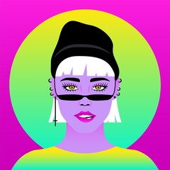 Woman portrait. Flat cartoon face, hand drawn avatar of trendy hipster young girl, modern character. Vector illustration