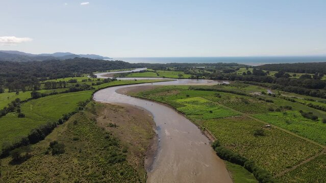 Aerial shot of the famous Tarcoles river with crocodiles in Costa rica. big mangrove ecosystem
