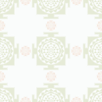 Indian spiritual mandala in muted colours. It is a traditional pattern called Sri Yantra, Shri Yantra or Shree Chakra. This is a repeating pattern vector design, can be extended infinitely.