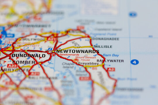 04-03-2022 Portsmouth, Hampshire, UK, Newtownards Northern Ireland shown on a road map or Geography map