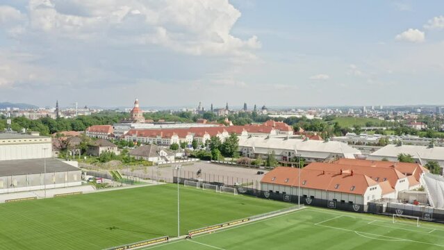 Aerial drone flight over Sportpark Ostra in Dresden