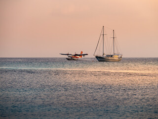 Seaplane landing in a lagoon on a Maldives island, , Kuredu, Lhaviyani Atoll, Maldives, Indian Ocean, Asia