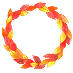 Colorful fall leaves wreath watercolor for decoration on Autumn season,Thanksgiving, Tea leaf and garden.