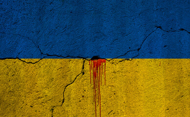  flag of of Ukraine with gunshot and blood - war background