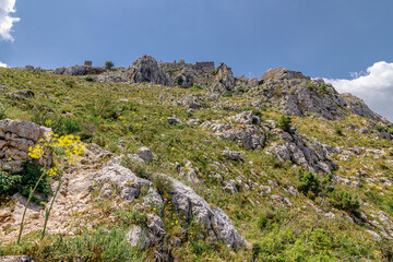 Ruins of the Castle of Benissili or Alcalà. It was the residence of the famous Moorish leader Al-Azraq. It dates from the eleventh century. Located in La gallinera valley, Alicante, Spain
