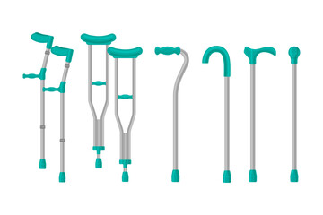 Crutches for people with injuries of the musculoskeletal system. Orthopedic crutches for leg fractures. A collection of medical accessories to help sick people. Vector illustration