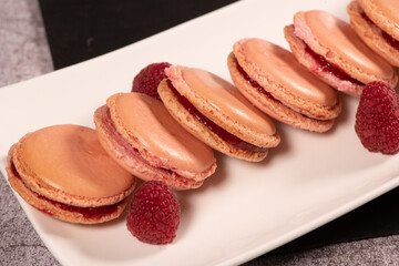 Pastry, Macaroon recipe with raspberry cream filling. High quality photo
