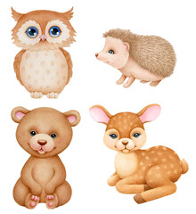 Cute Woodland collection. Watercolor set with forest baby animals - bear, deer, owl, hedgehog. Perfect for education, baby shower, room decor, cards, books, baby clothes, t-shirt prints.

