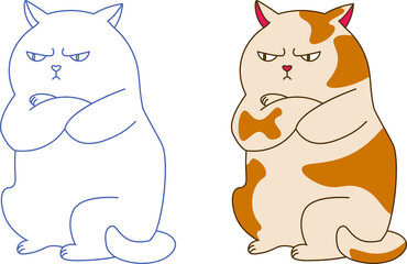Set of two animal character angry fat cat spotty and outline