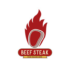 Vintage beef steak and grill restaurant logo design template, steak and grill logo vector. Flame steak logo design templates for meat store, charcuterie, steak, barbecue