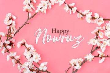 Sprigs of the apricot tree with flowers on pink background Text Happy Nowruz Holiday Concept of spring came Top view Flat lay Hello march, april, may, persian new year - 490719129