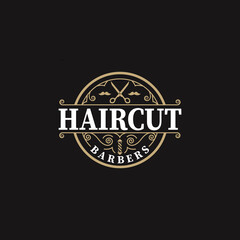 Fototapeta na wymiar Haircut logo emblem for, Barber Shop logo design, Logo Vector Design, beard shaving service.
