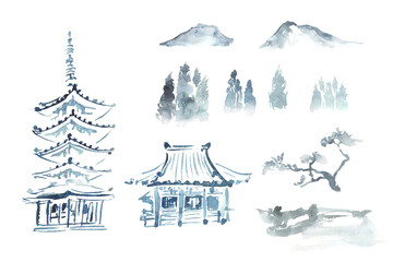 墨で描いたお寺の風景のイラスト - obrazy, fototapety, plakaty